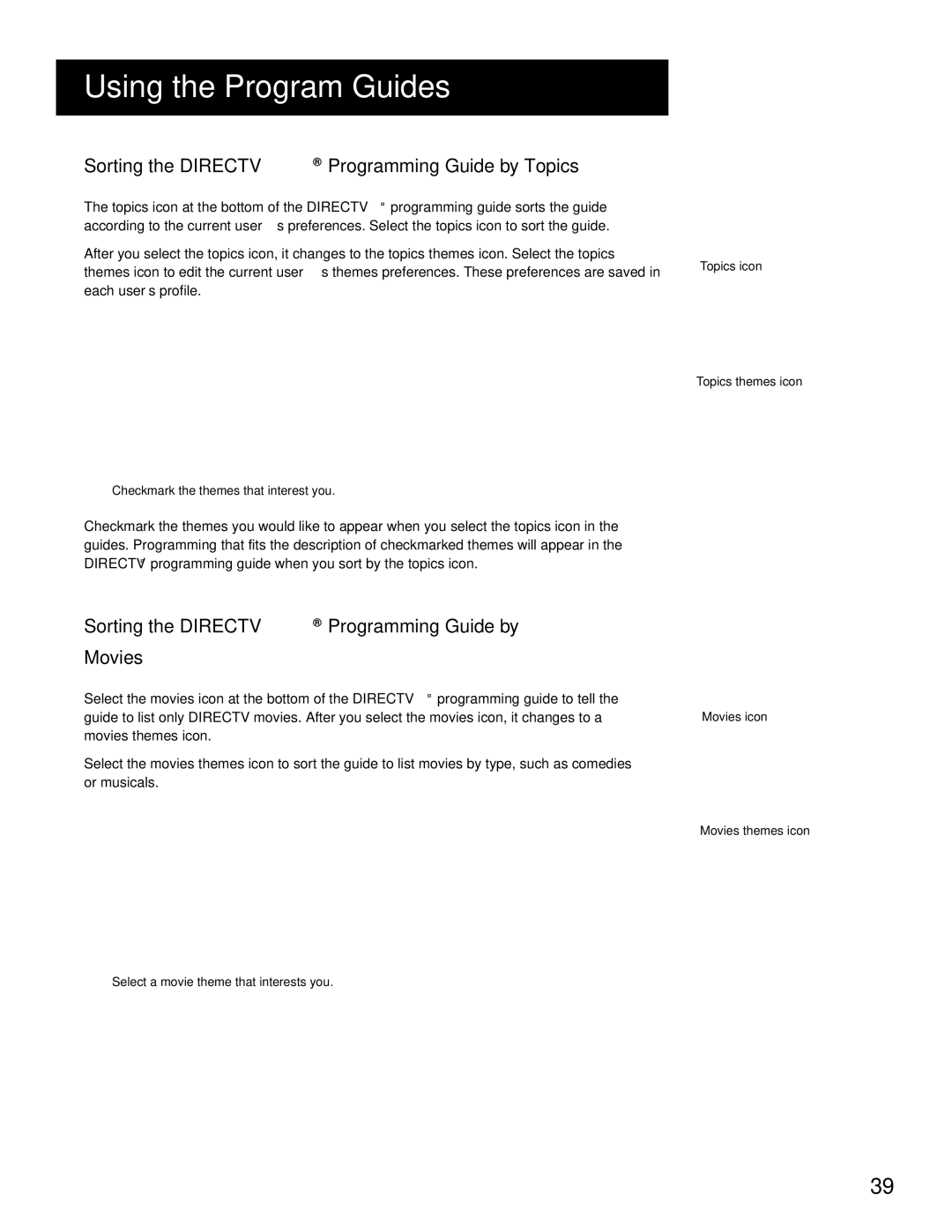 RCA HD Receiver manual Sorting the Directv Programming Guide by Topics, Sorting the Directv Programming Guide by Movies 