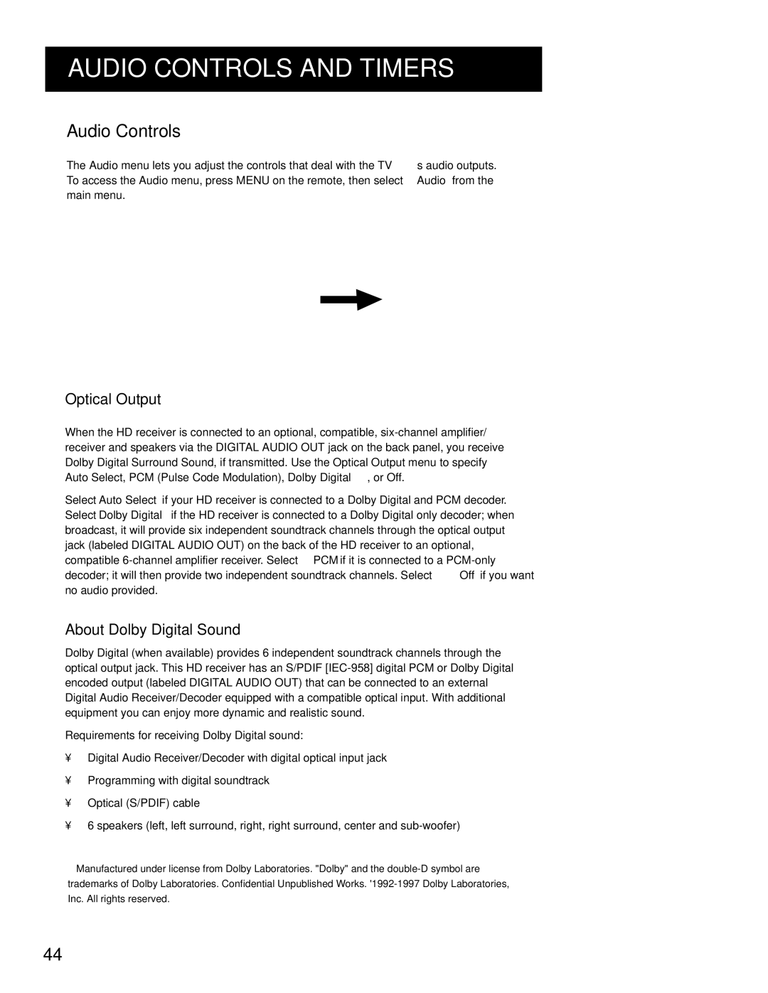 RCA HD Receiver Audio Controls, Optical Output, About Dolby Digital Sound, Requirements for receiving Dolby Digital sound 