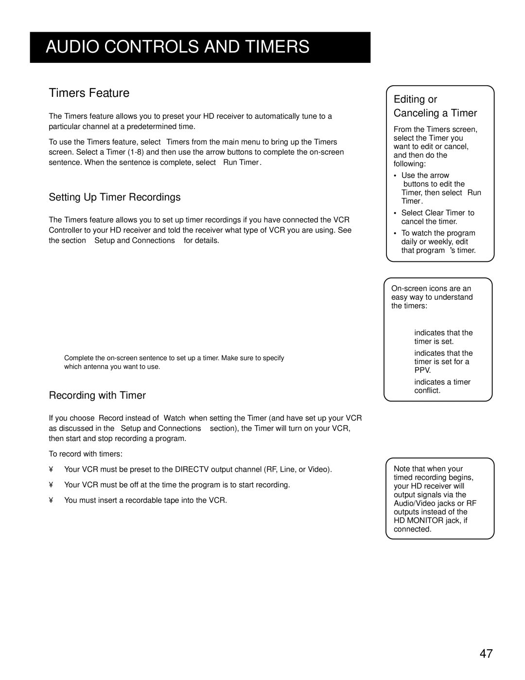 RCA HD Receiver manual Timers Feature, Setting UP Timer Recordings, Recording with Timer, Editing or Canceling a Timer 