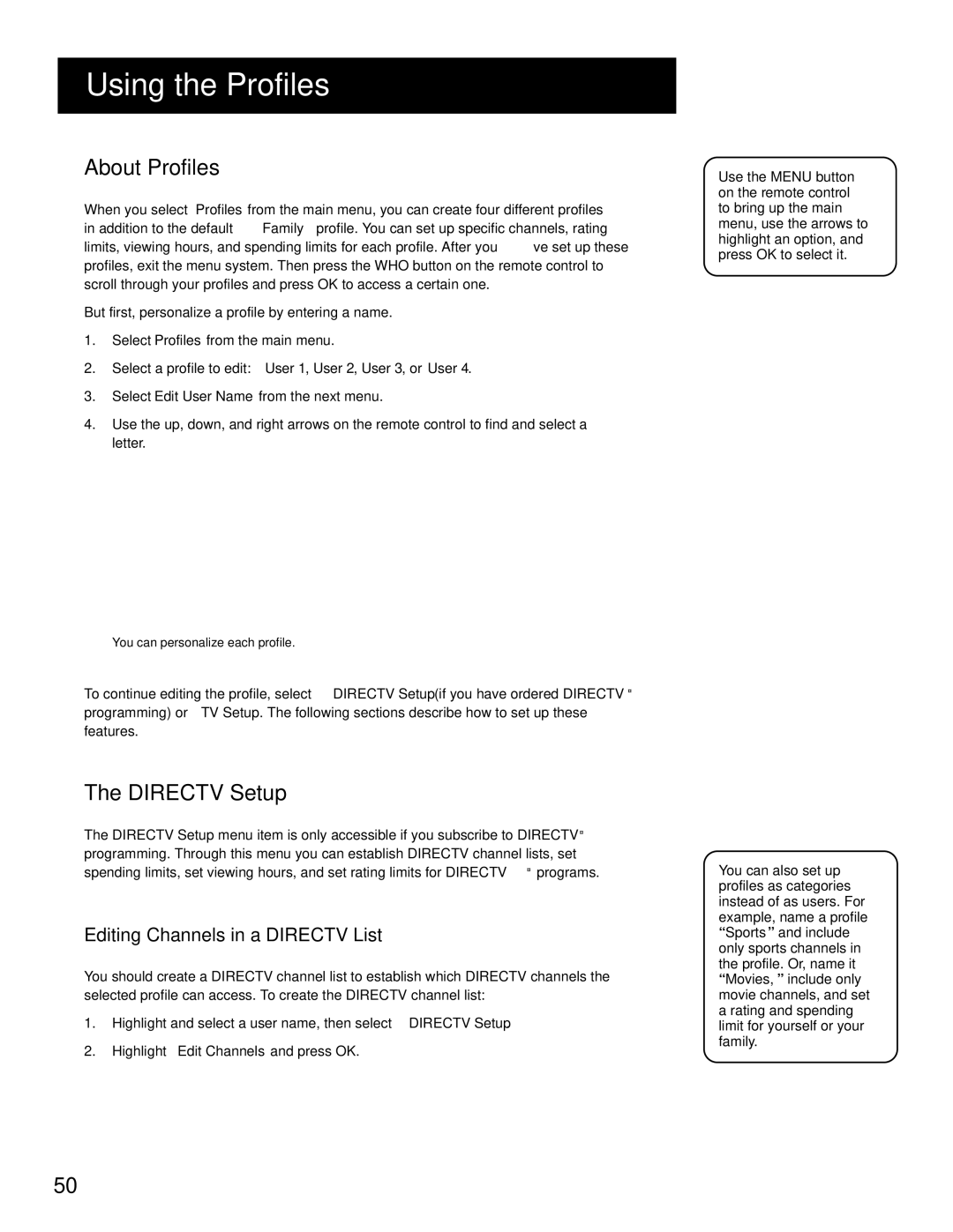 RCA HD Receiver manual About Profiles, Directv Setup, Editing Channels in a Directv List 