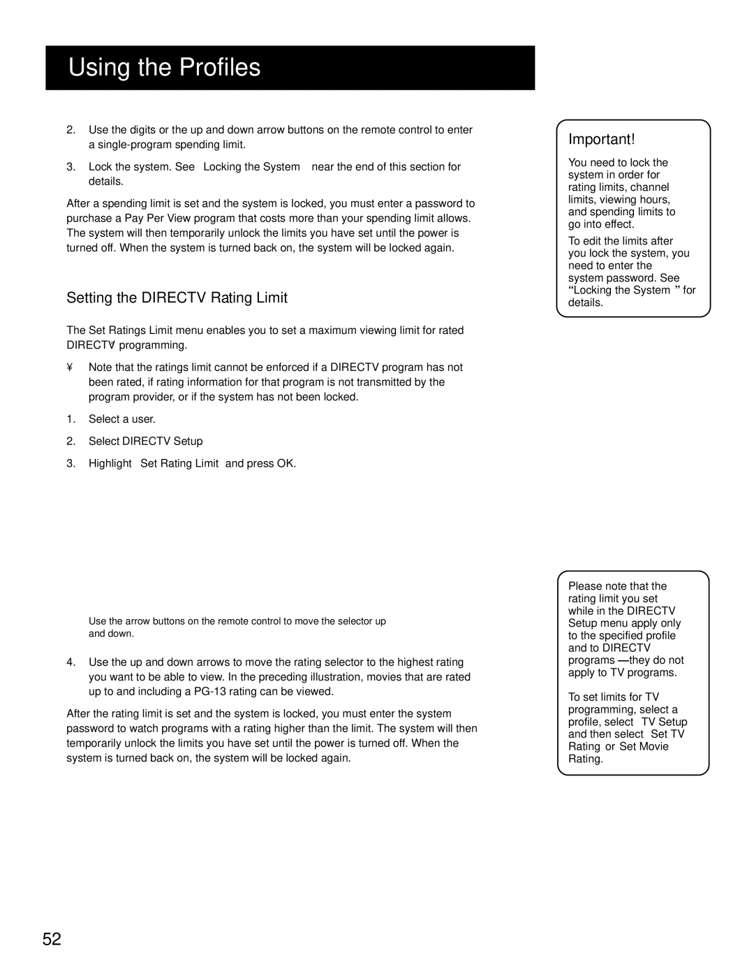 RCA HD Receiver manual Setting the Directv Rating Limit, Select Directv Setup 