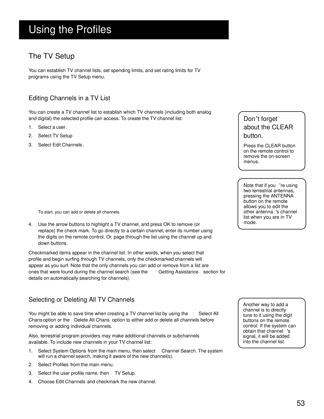 RCA HD Receiver manual TV Setup, Editing Channels in a TV List, Selecting or Deleting ALL TV Channels 