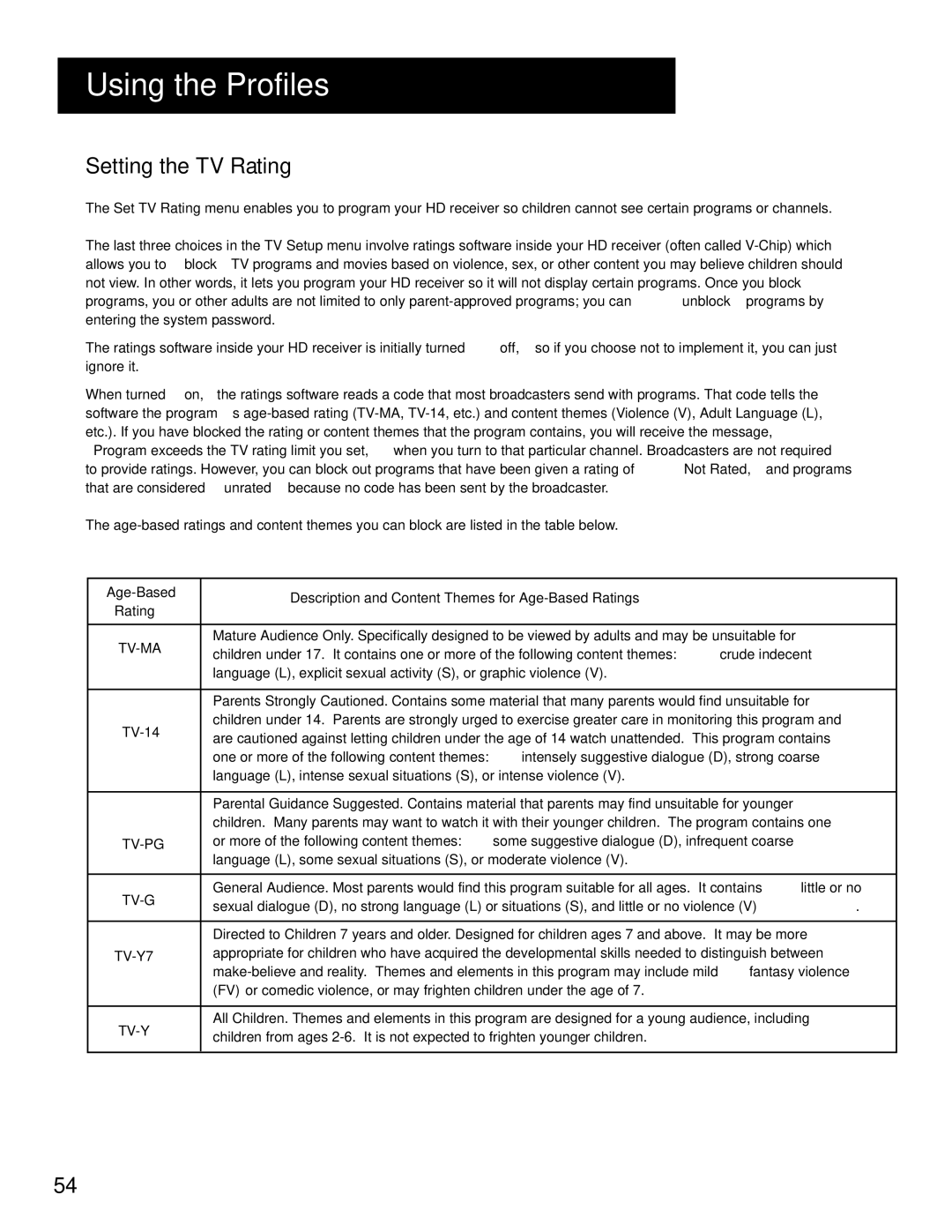 RCA HD Receiver manual Setting the TV Rating, Language L, explicit sexual activity S, or graphic violence 