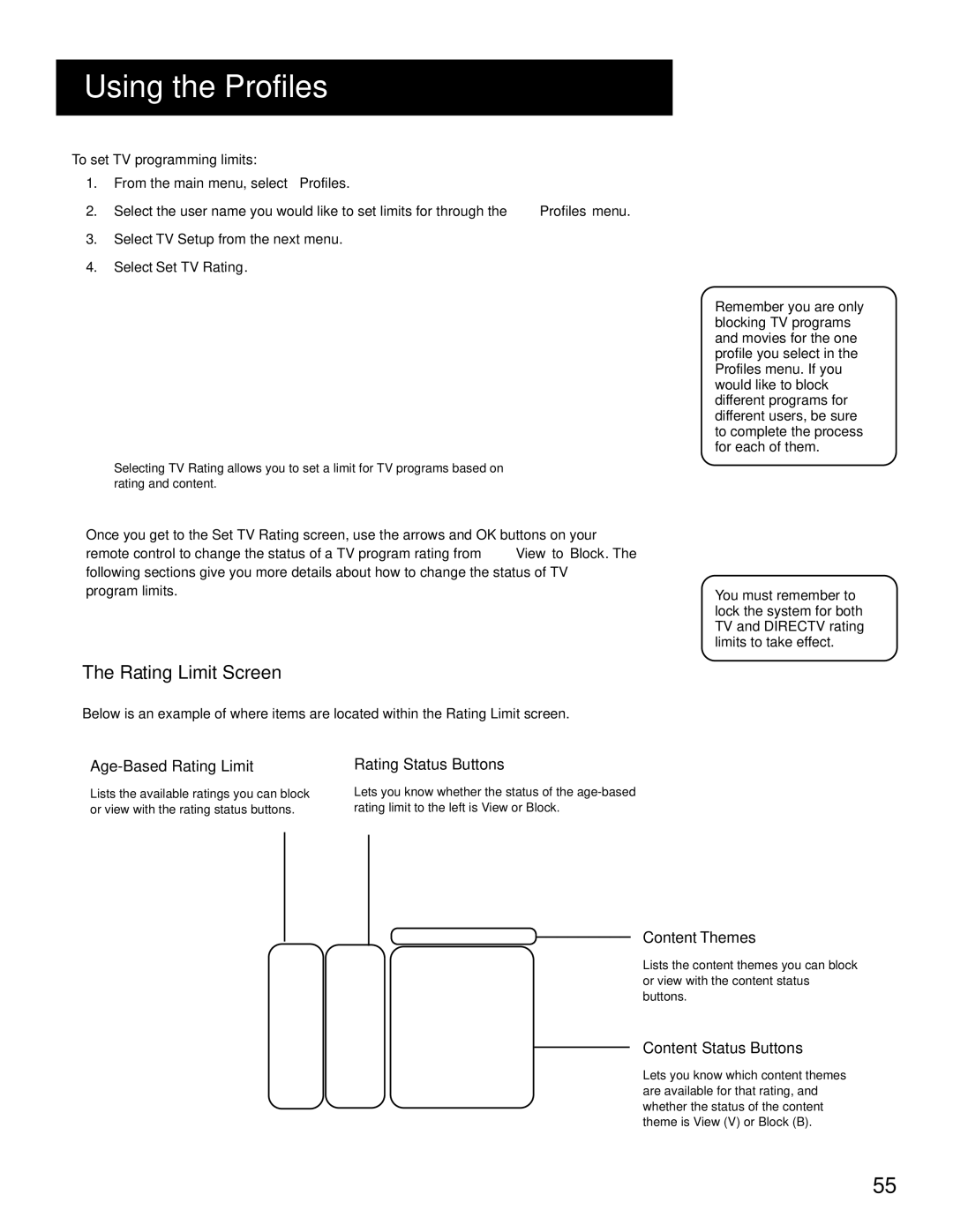 RCA HD Receiver manual Rating Limit Screen, To set TV programming limits 