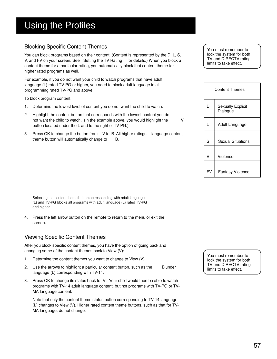 RCA HD Receiver manual Blocking Specific Content Themes, Viewing Specific Content Themes 