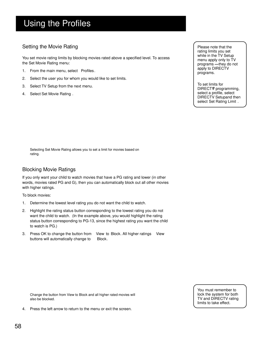 RCA HD Receiver manual Setting the Movie Rating, Blocking Movie Ratings 