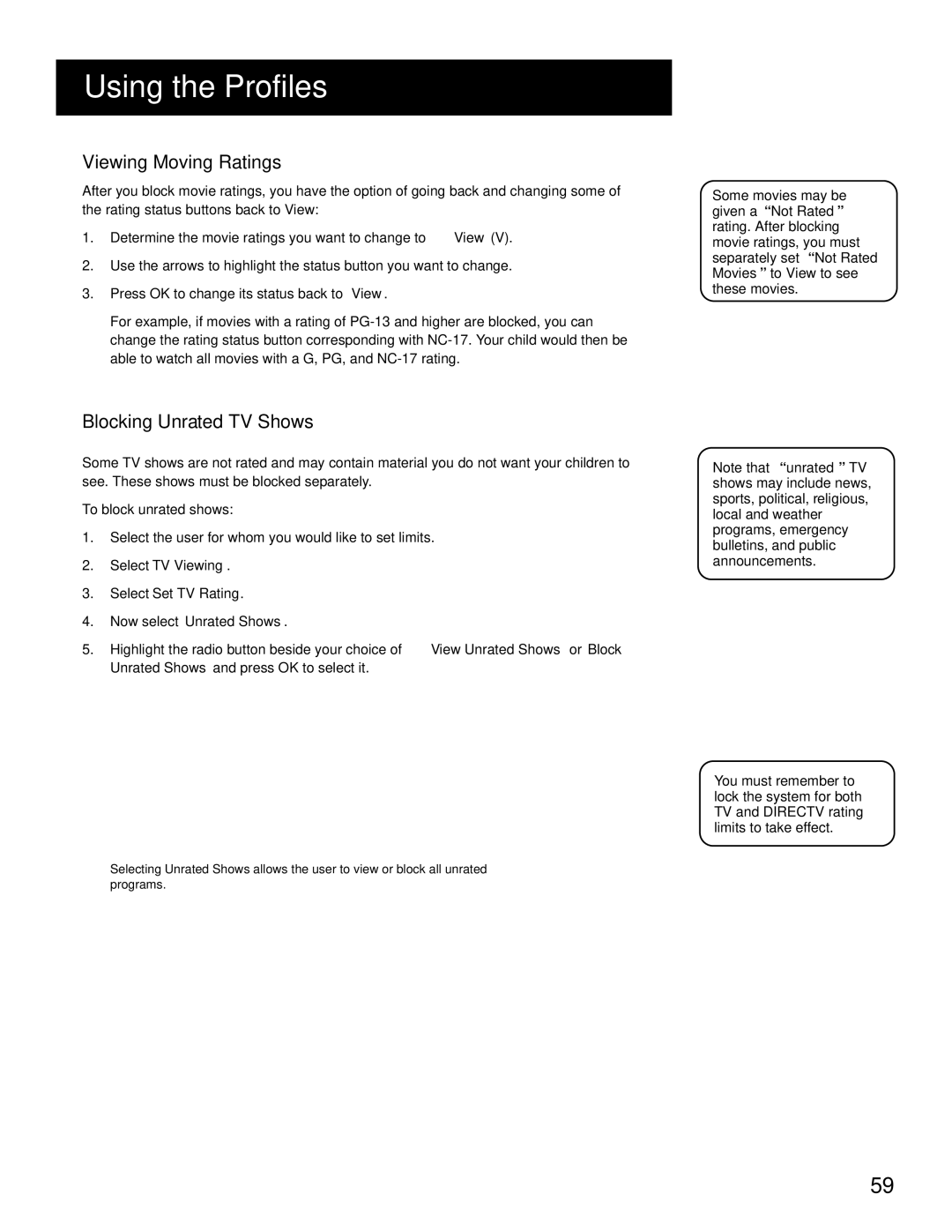 RCA HD Receiver manual Viewing Moving Ratings, Blocking Unrated TV Shows 