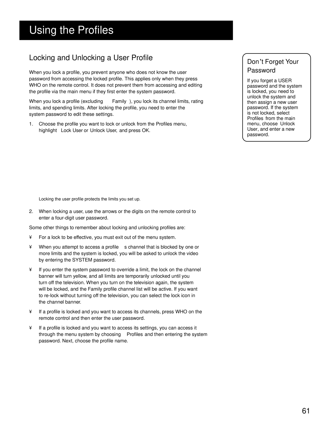 RCA HD Receiver manual Locking and Unlocking a User Profile, Don’t Forget Your Password 