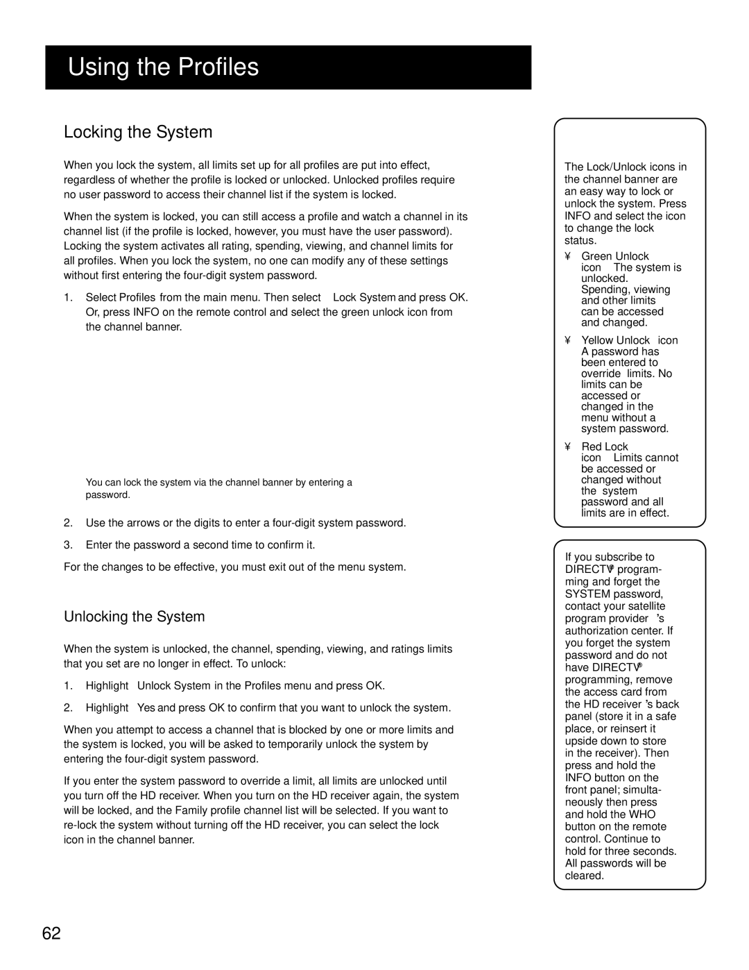 RCA HD Receiver manual Locking the System, Unlocking the System 