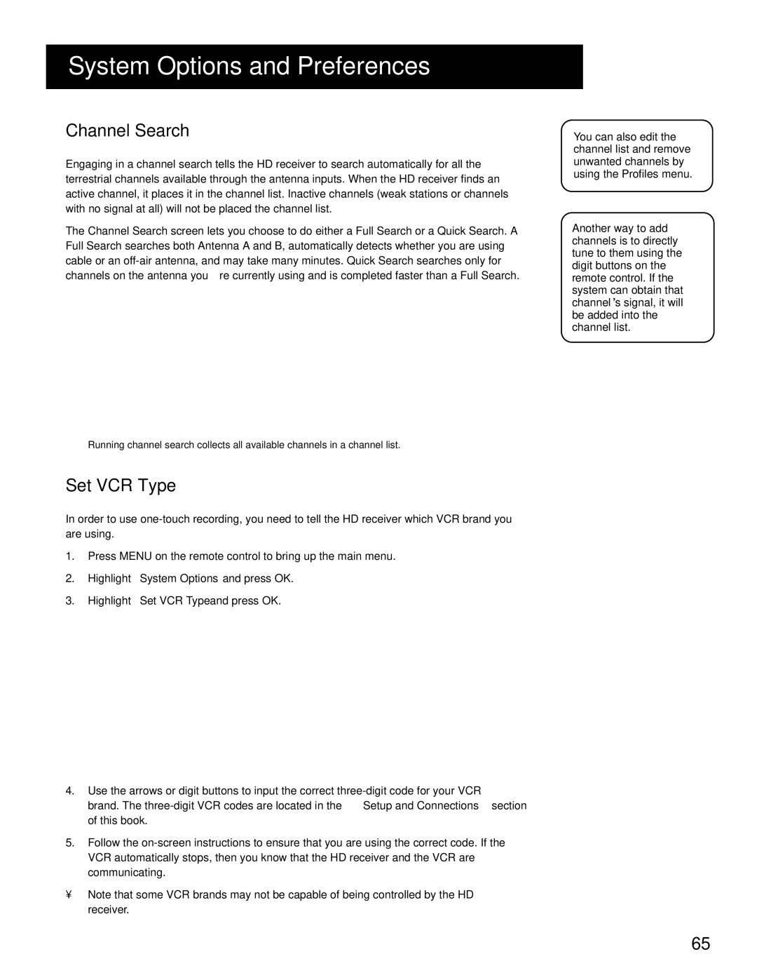 RCA HD Receiver manual Channel Search, SET VCR Type 