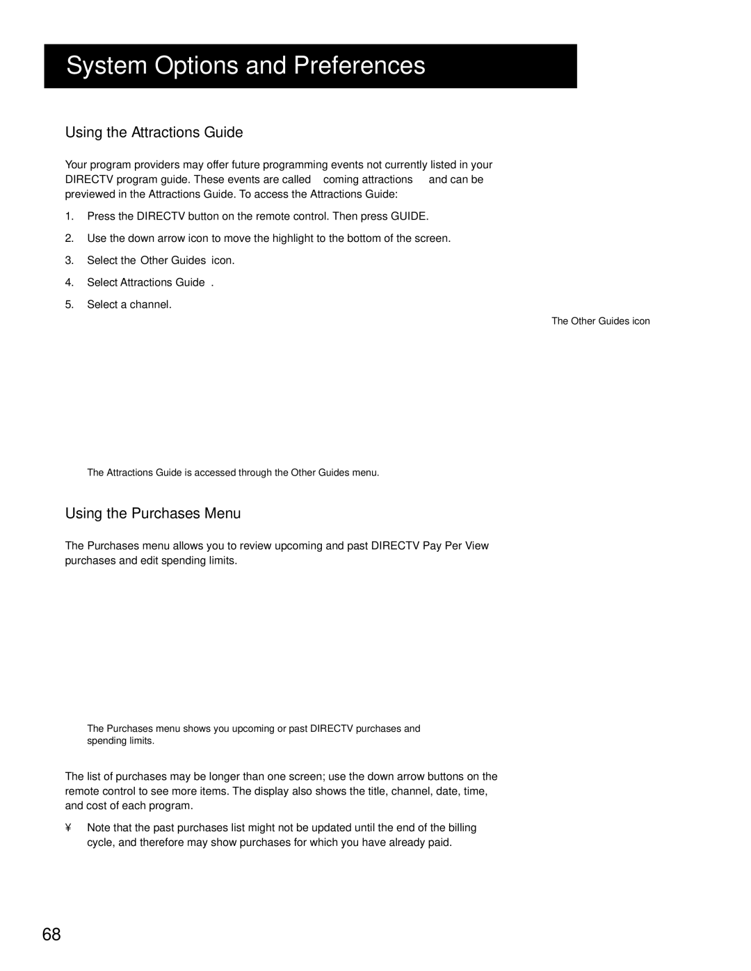 RCA HD Receiver manual Using the Attractions Guide, Using the Purchases Menu 