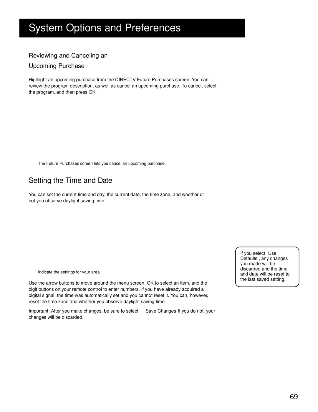 RCA HD Receiver manual Setting the Time and Date, Reviewing and Canceling AN Upcoming Purchase 