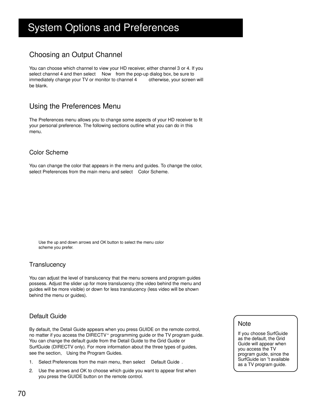 RCA HD Receiver manual Choosing AN Output Channel, Using the Preferences Menu, Color Scheme, Translucency, Default Guide 