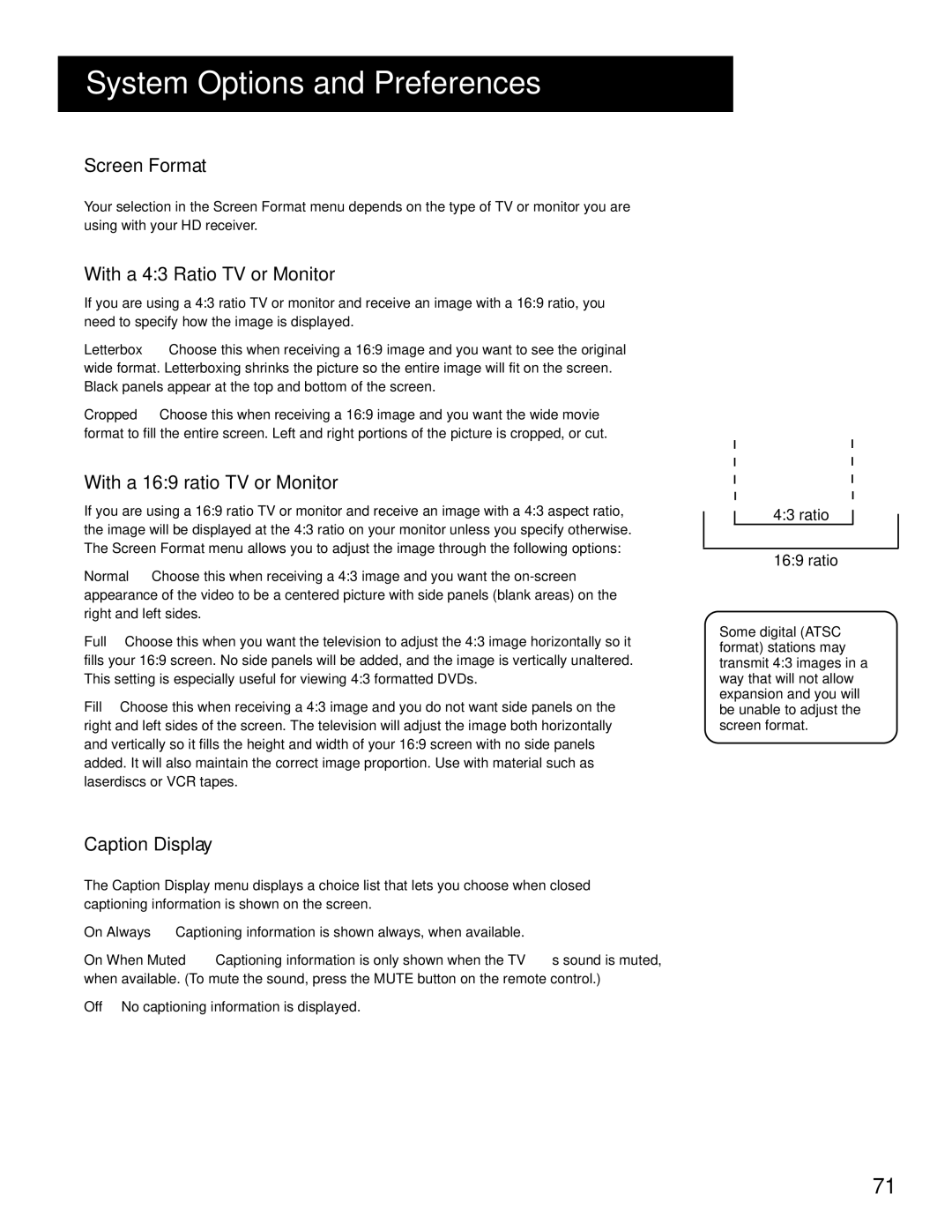 RCA HD Receiver manual Screen Format, With a 43 Ratio TV or Monitor, With a 169 ratio TV or Monitor, Caption Display 