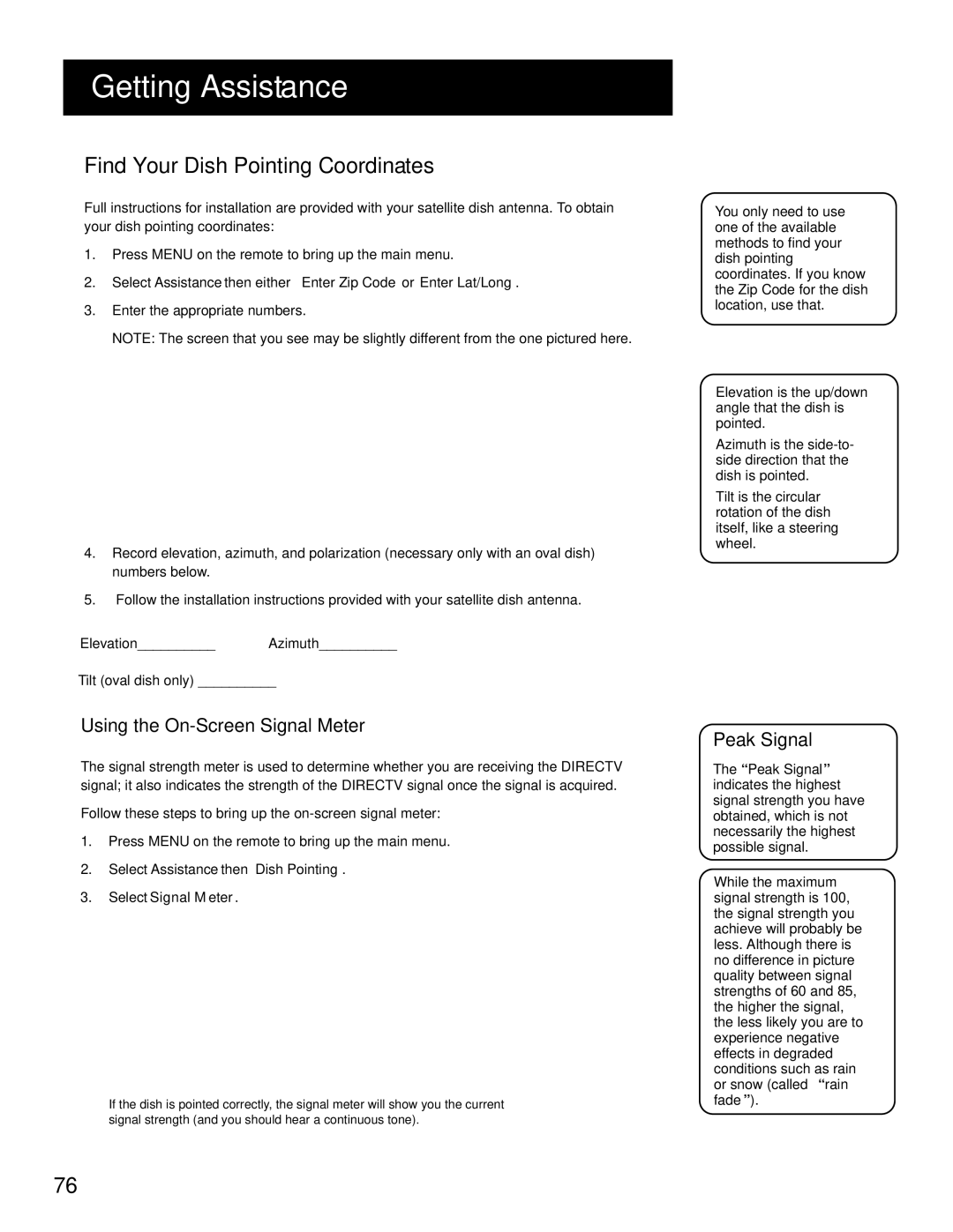 RCA HD Receiver manual Find Your Dish Pointing Coordinates, Using the ON-SCREEN Signal Meter, Peak Signal 