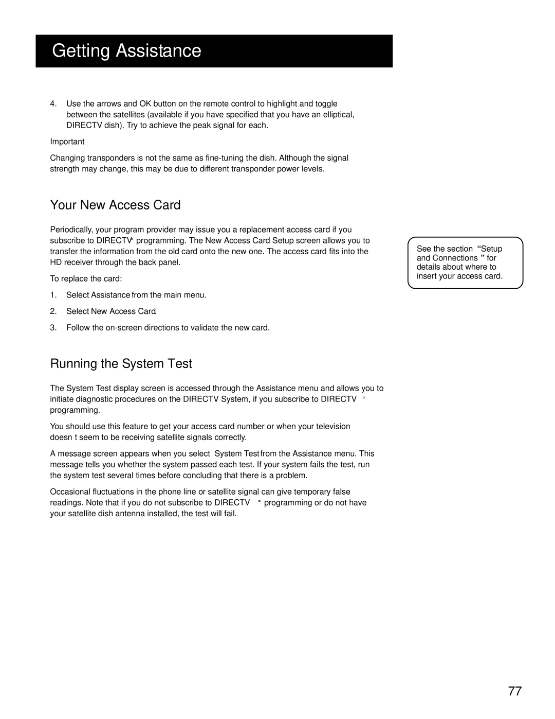 RCA HD Receiver manual Your NEW Access Card, Running the System Test 