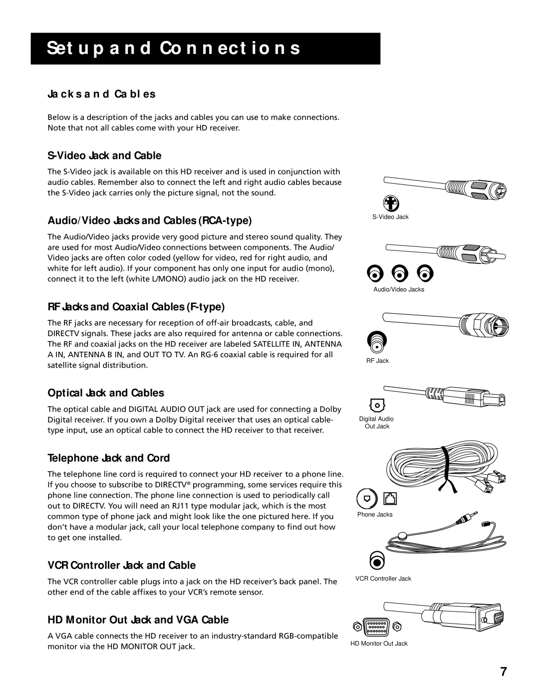 RCA HD Receiver manual Jacks and Cables 