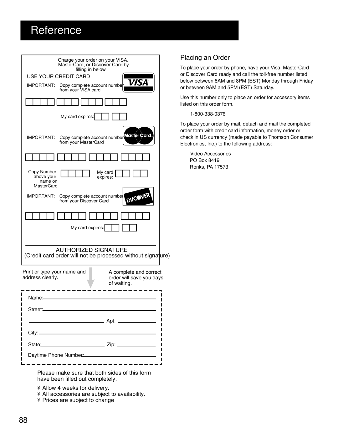 RCA HD Receiver manual Placing an Order, Video Accessories PO Box Ronks, PA 