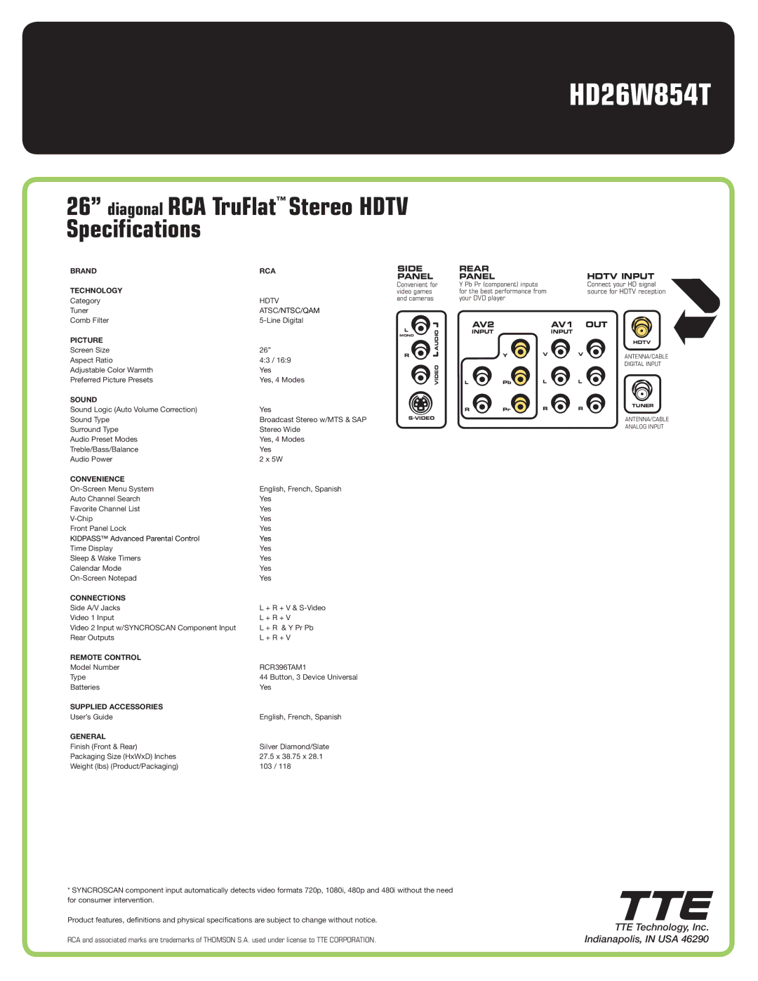 RCA HD26W854T manual Diagonal RCA TruFlat Stereo Hdtv Specifications, Side Panel, Rear Hdtv Input Panel, AV2 AV1 OUT 