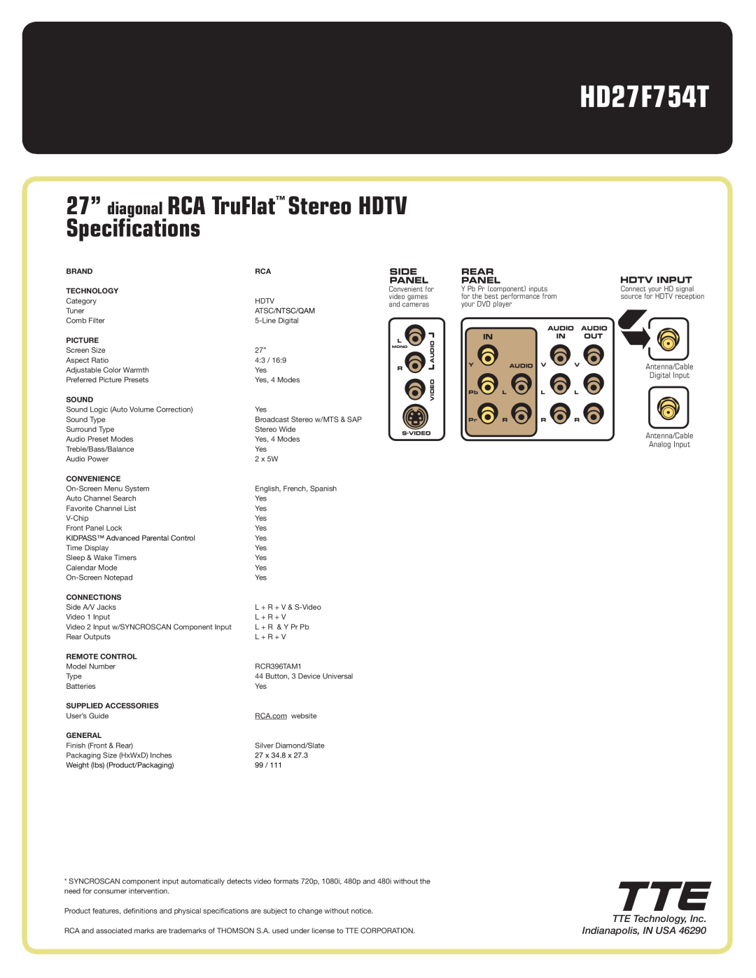 RCA HD27F754T 27” diagonal RCA TruFlat Stereo HDTV Specifications, TTE Technology, Inc. Indianapolis, IN USA, Side Panel 
