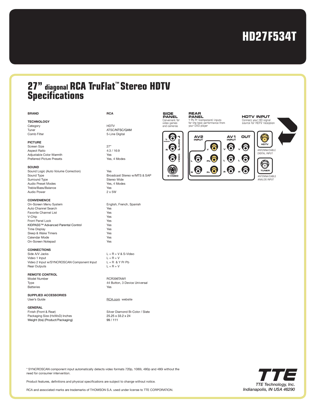 RCA HD30W854T manual Diagonal RCA TruFlat Stereo Hdtv Specifications, Side Panel, Rear Hdtv Input Panel, AV2 AV1 OUT 