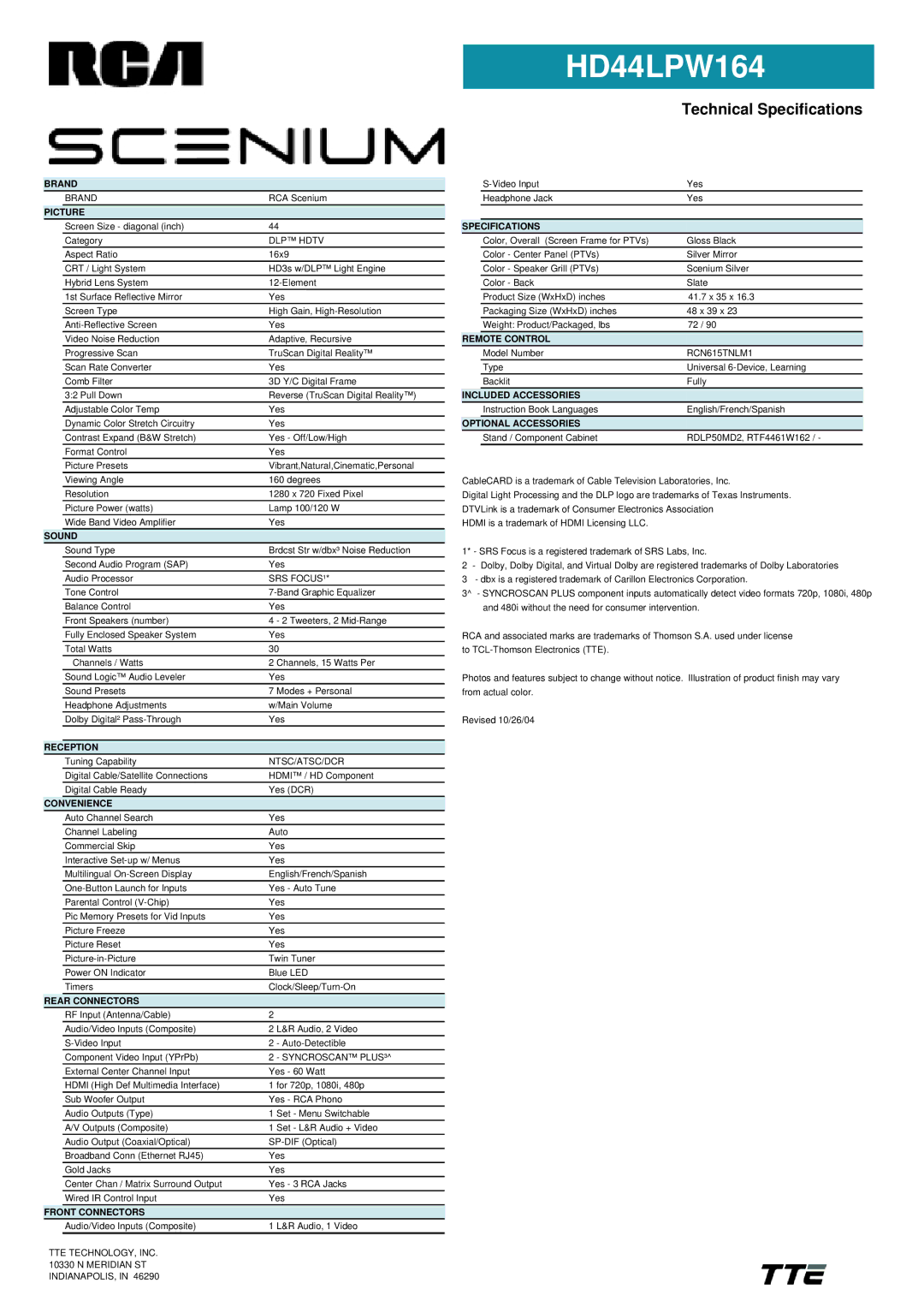 RCA HD44LPW164 manual Brand, Picture, Sound, Reception, Convenience, Rear Connectors, Front Connectors, Specifications 