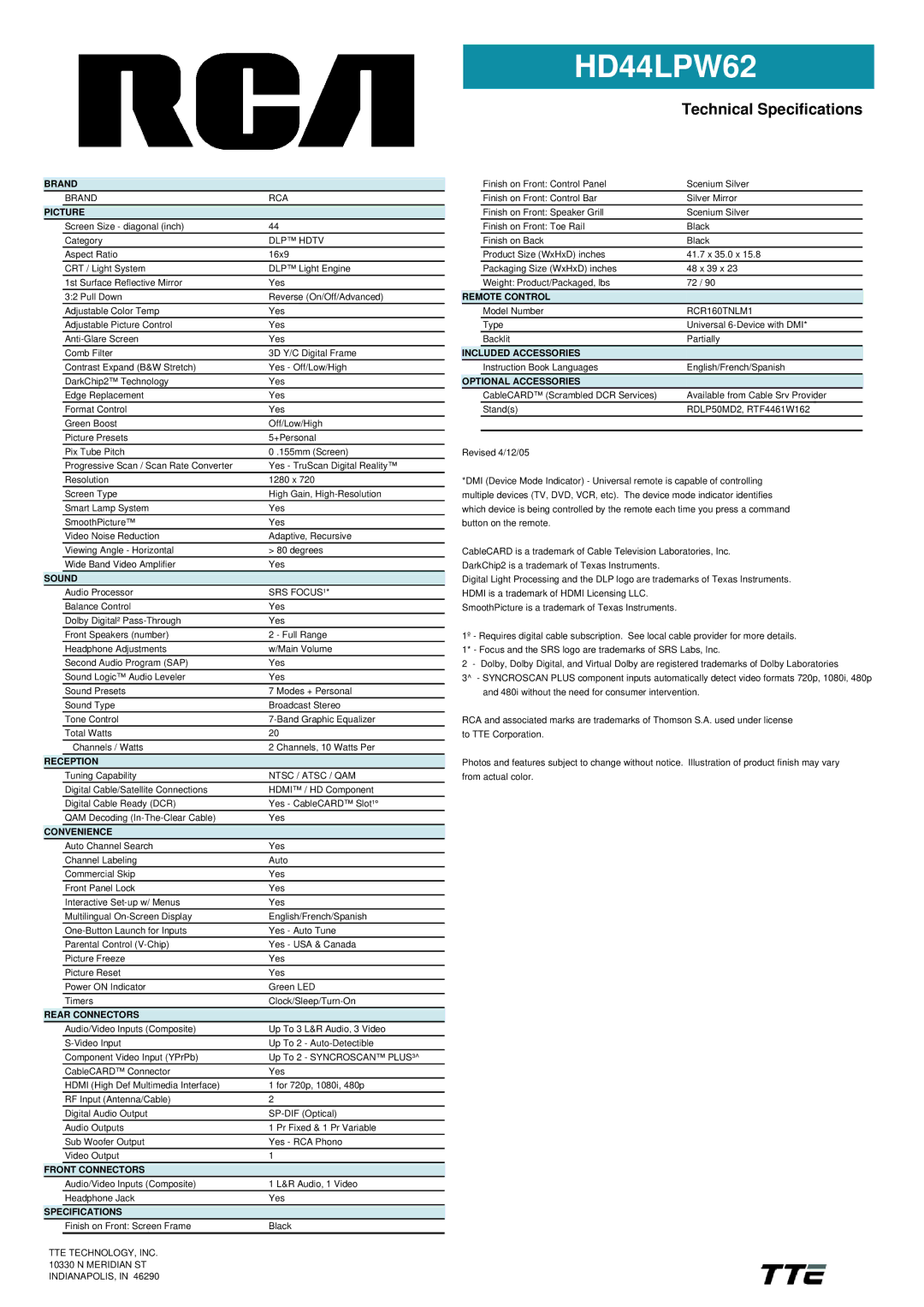 RCA HD44LPW62 manual Brand, Picture, Sound, Reception, Convenience, Rear Connectors, Front Connectors, Specifications 