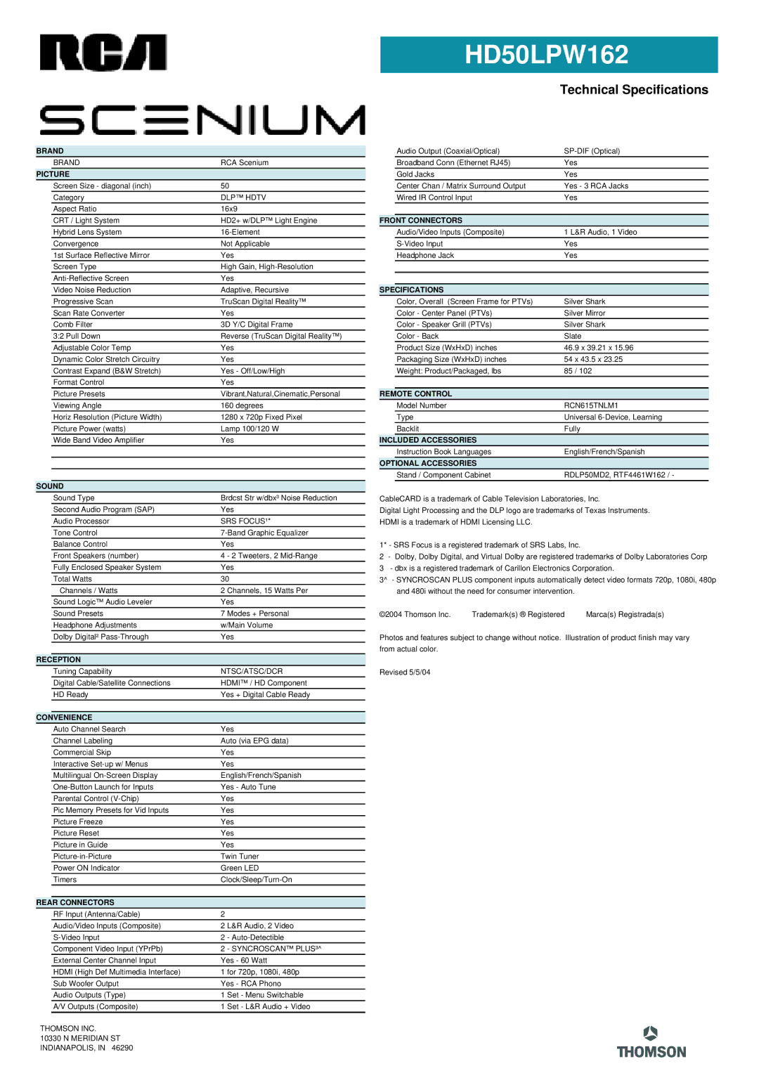 RCA HD50LPW162 manual Brand, Picture, Sound, Reception, Convenience, Rear Connectors, Front Connectors, Specifications 