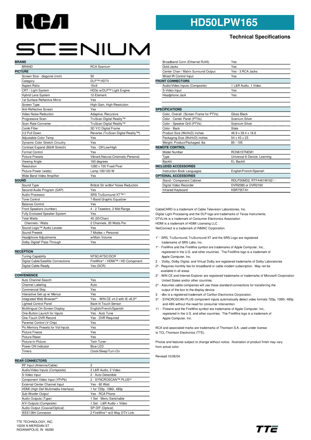 RCA HD50LPW165 manual Brand, Picture, Sound, Reception, Convenience, Rear Connectors, Front Connectors, Specifications 