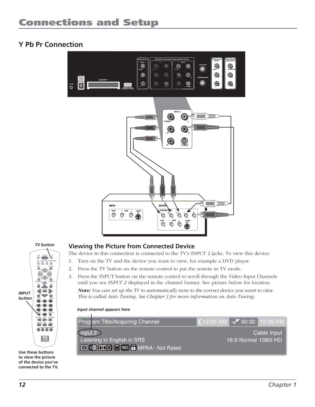 RCA HD50LPW166PK manual Pb Pr Connection, Viewing the Picture from Connected Device 