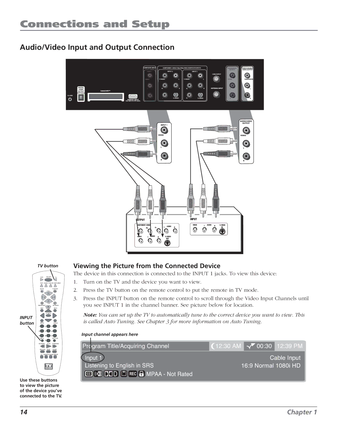 RCA HD50LPW166PK manual Audio/Video Input and Output Connection, Viewing the Picture from the Connected Device 