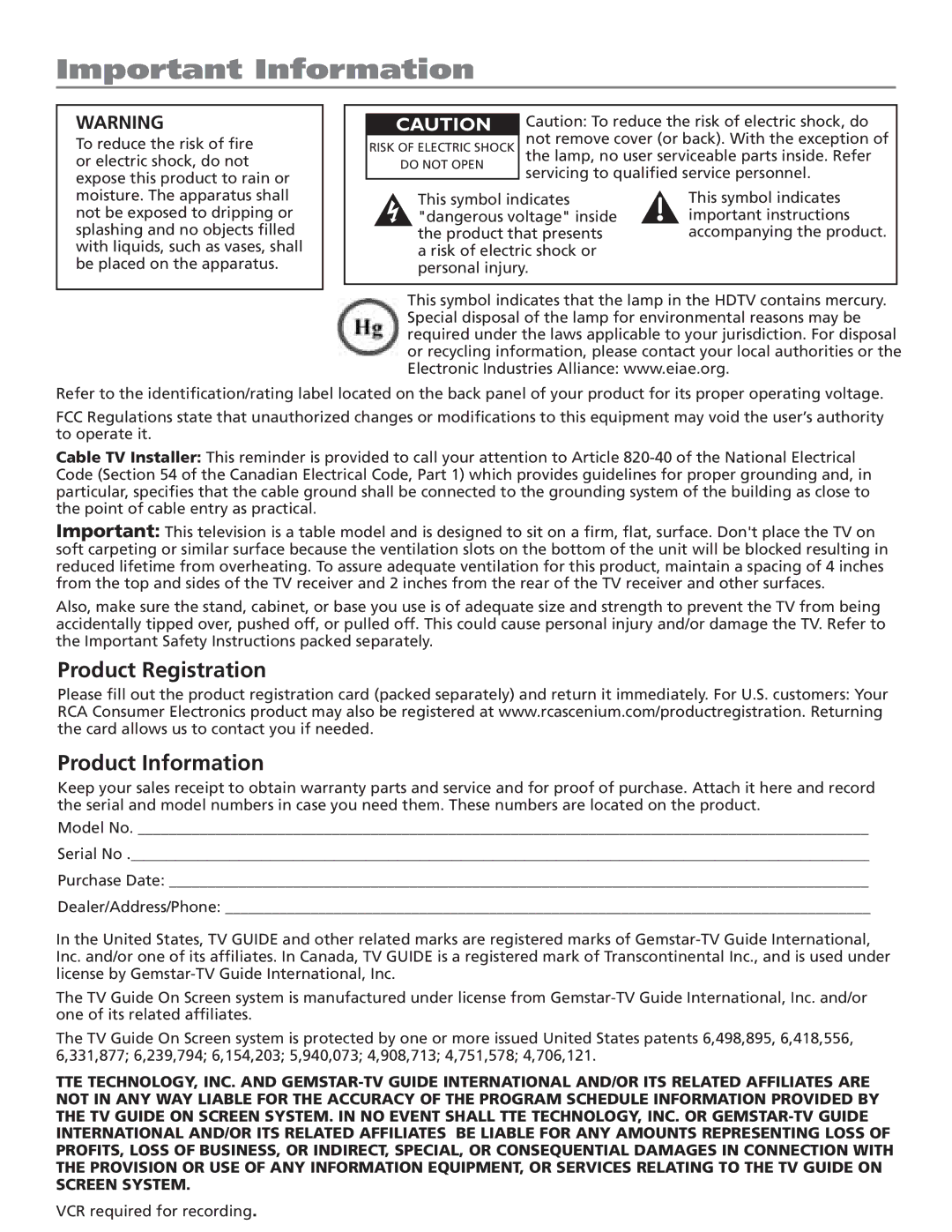 RCA HD50LPW166PK manual Important Information, Product Registration Product Information 