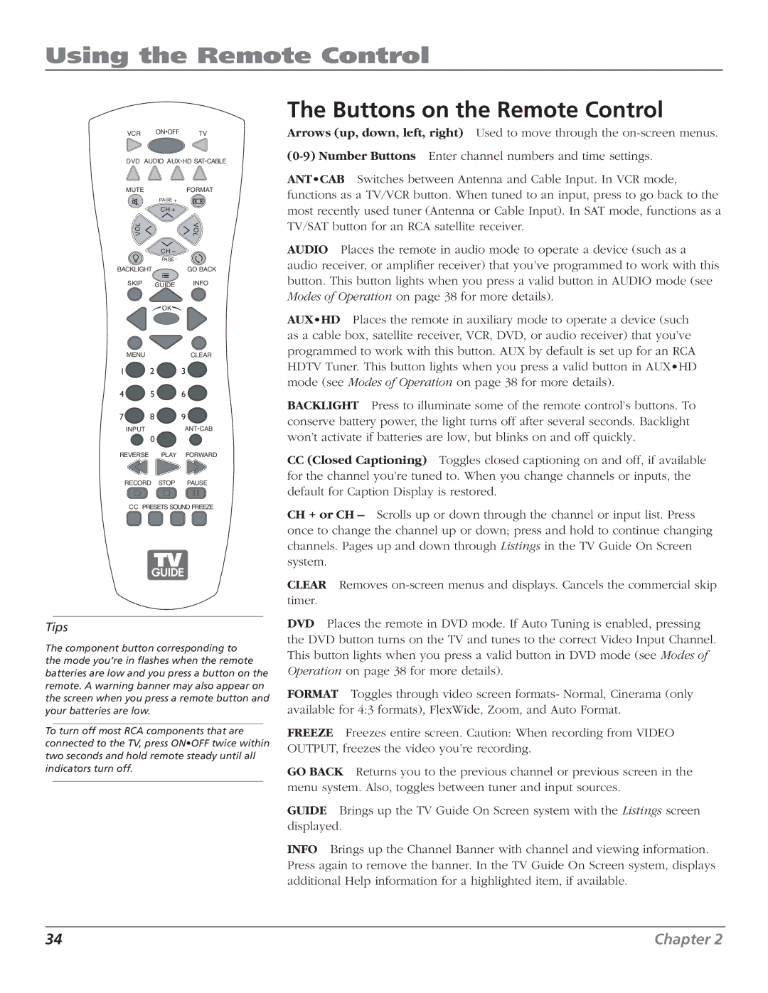 RCA HD50LPW166PK manual Using the Remote Control, Buttons on the Remote Control 