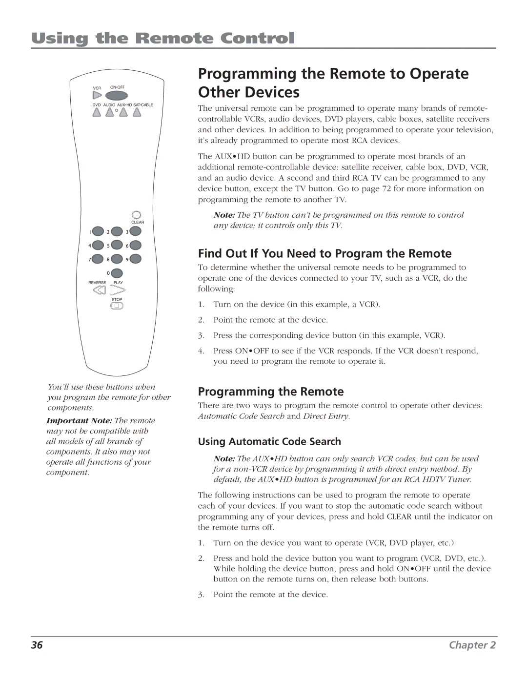 RCA HD50LPW166PK manual Programming the Remote to Operate Other Devices, Find Out If You Need to Program the Remote 