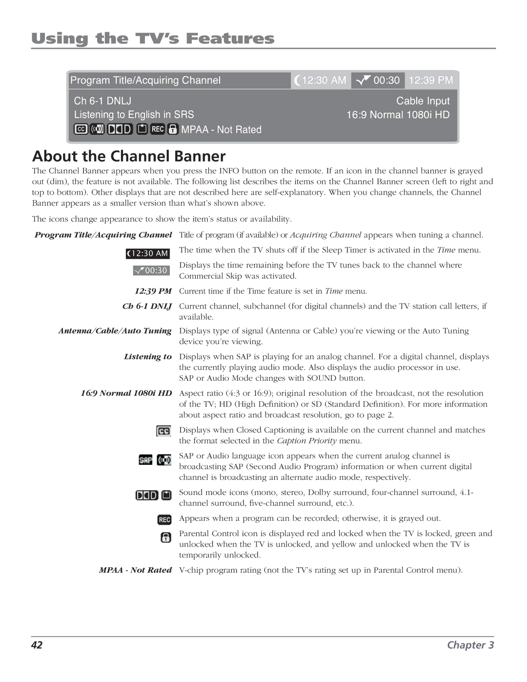 RCA HD50LPW166PK manual Using the TV’s Features, About the Channel Banner 