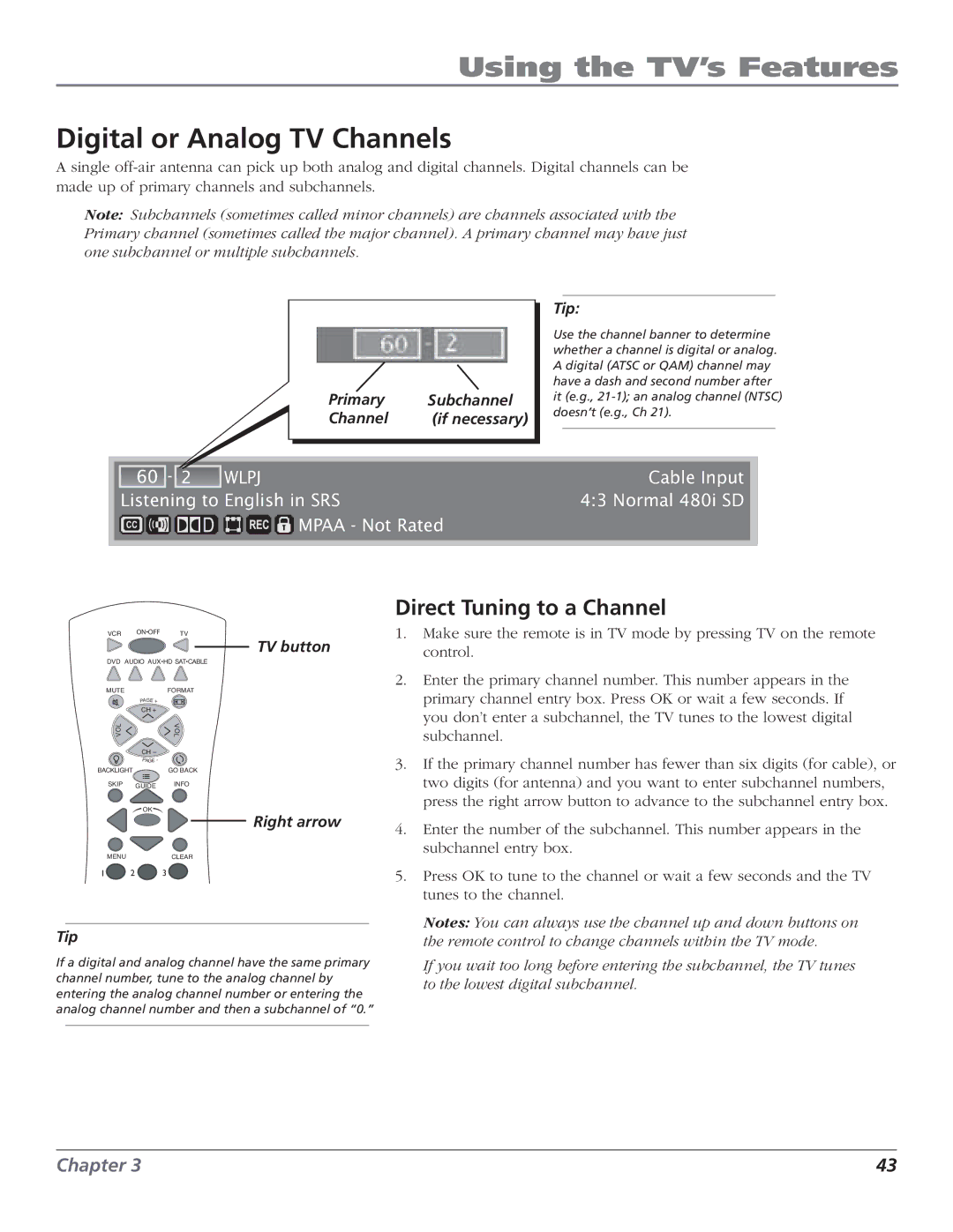 RCA HD50LPW166PK manual Digital or Analog TV Channels, Direct Tuning to a Channel 