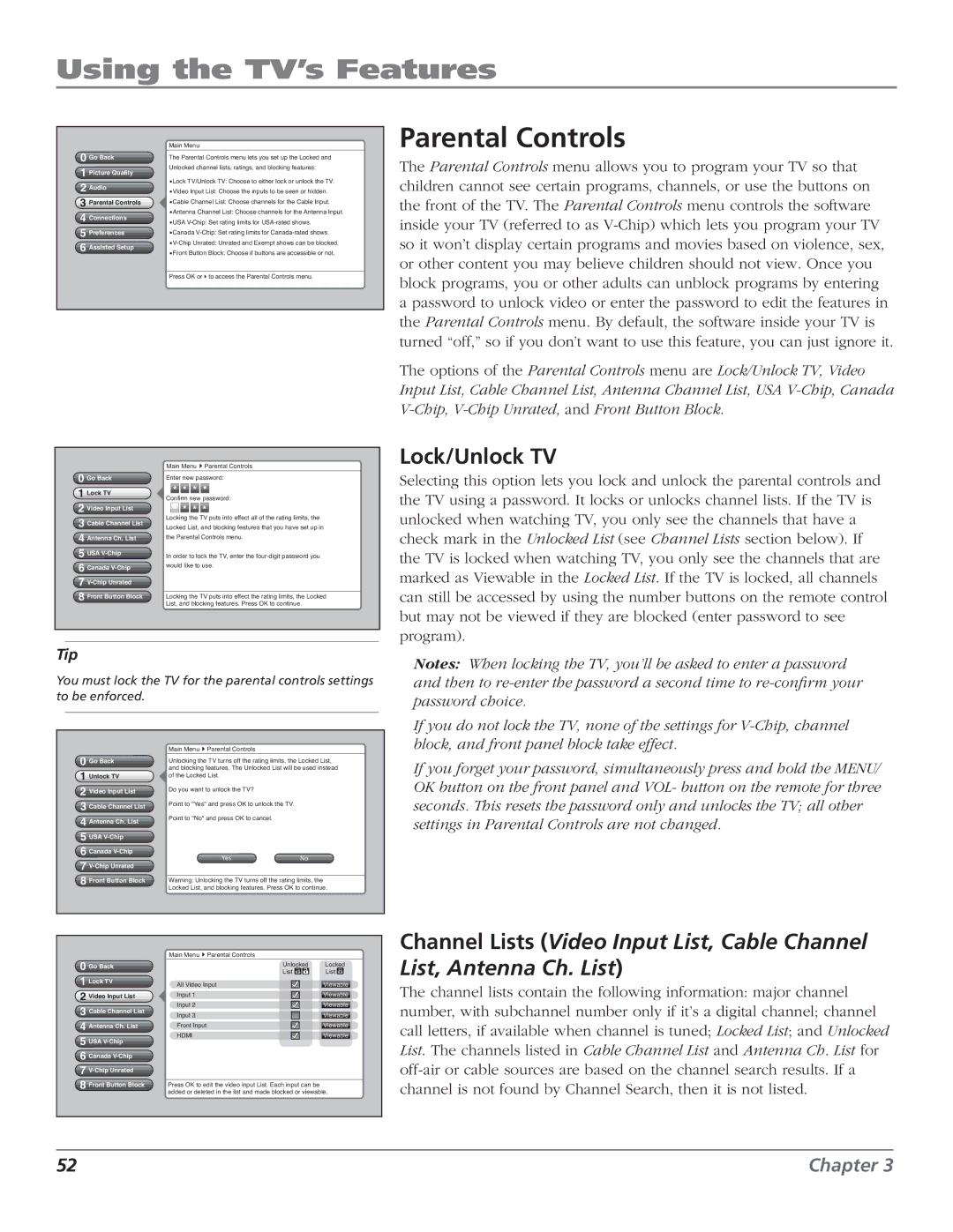 RCA HD50LPW166PK manual Parental Controls, Lock/Unlock TV 