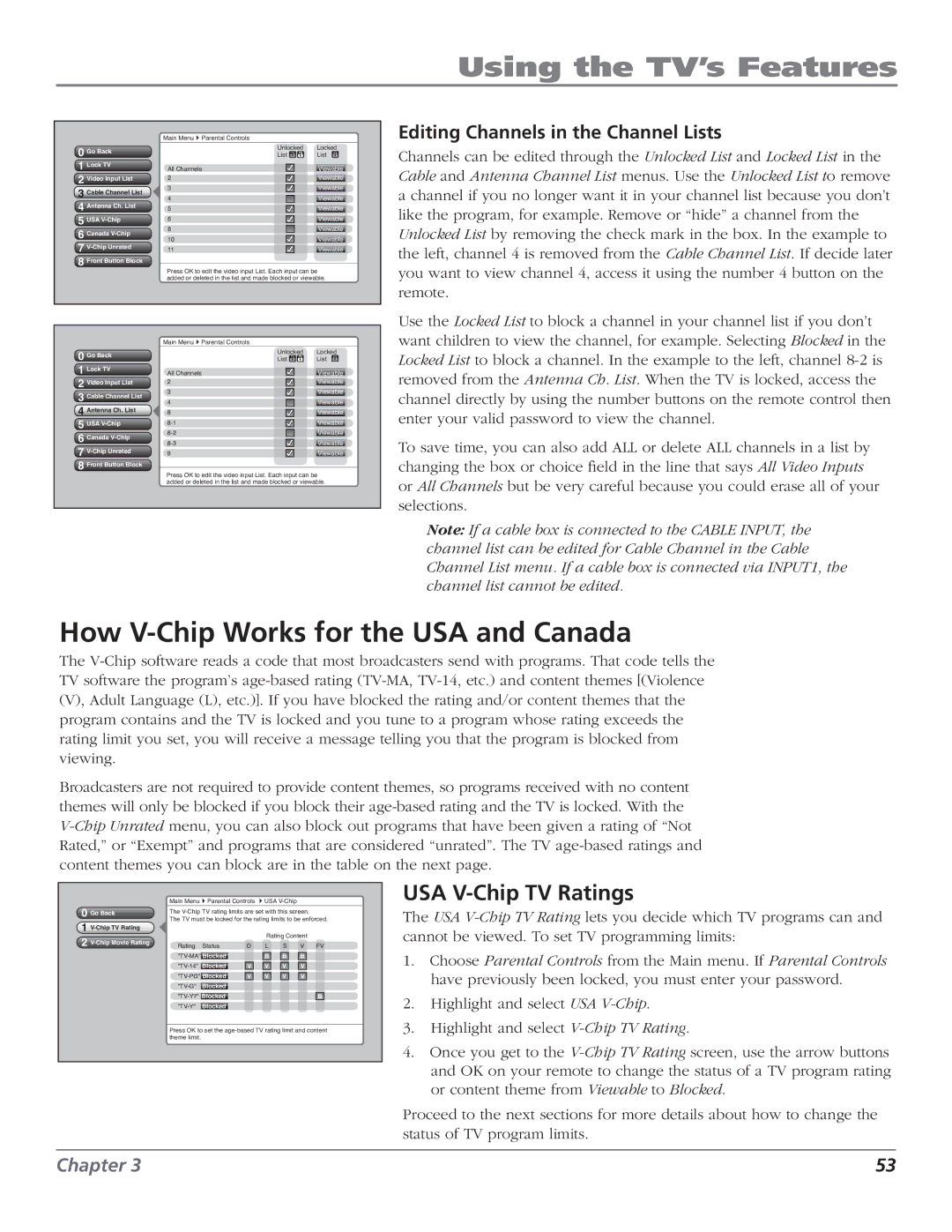 RCA HD50LPW166PK How V-Chip Works for the USA and Canada, USA V-Chip TV Ratings, Editing Channels in the Channel Lists 