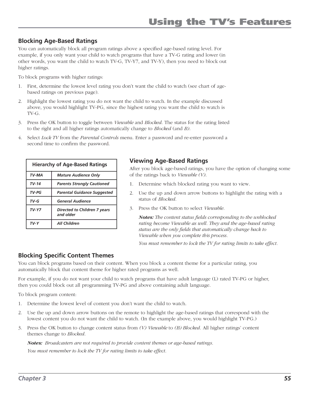 RCA HD50LPW166PK manual Blocking Age-Based Ratings, Viewing Age-Based Ratings, Blocking Speciﬁc Content Themes 