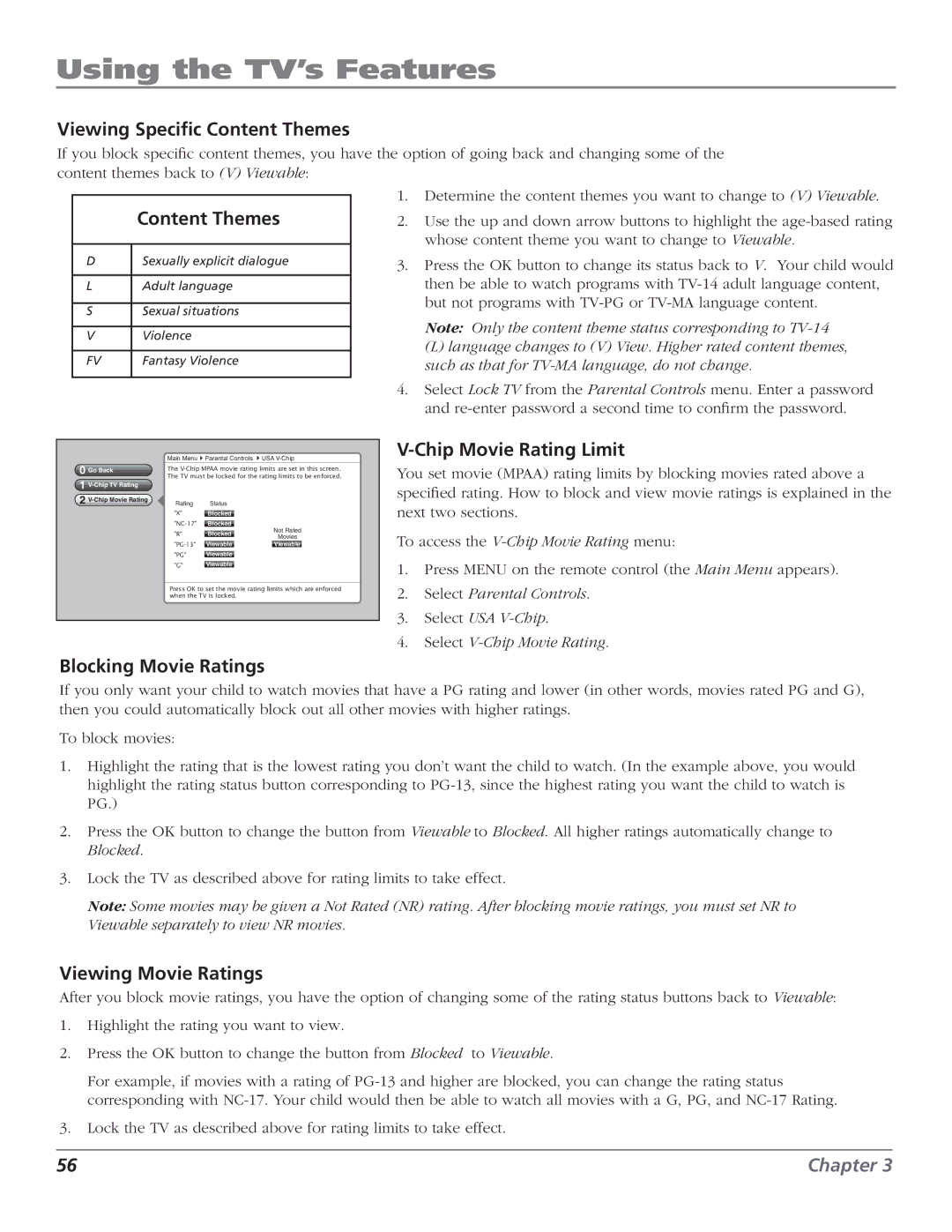 RCA HD50LPW166PK Viewing Speciﬁc Content Themes, Chip Movie Rating Limit, Blocking Movie Ratings, Viewing Movie Ratings 