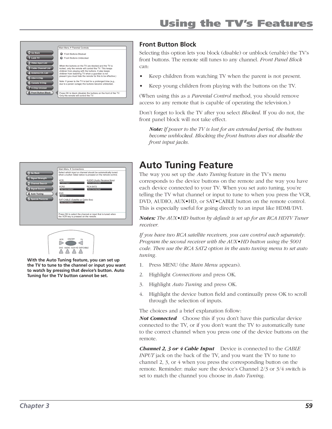 RCA HD50LPW166PK manual Auto Tuning Feature, Front Button Block 