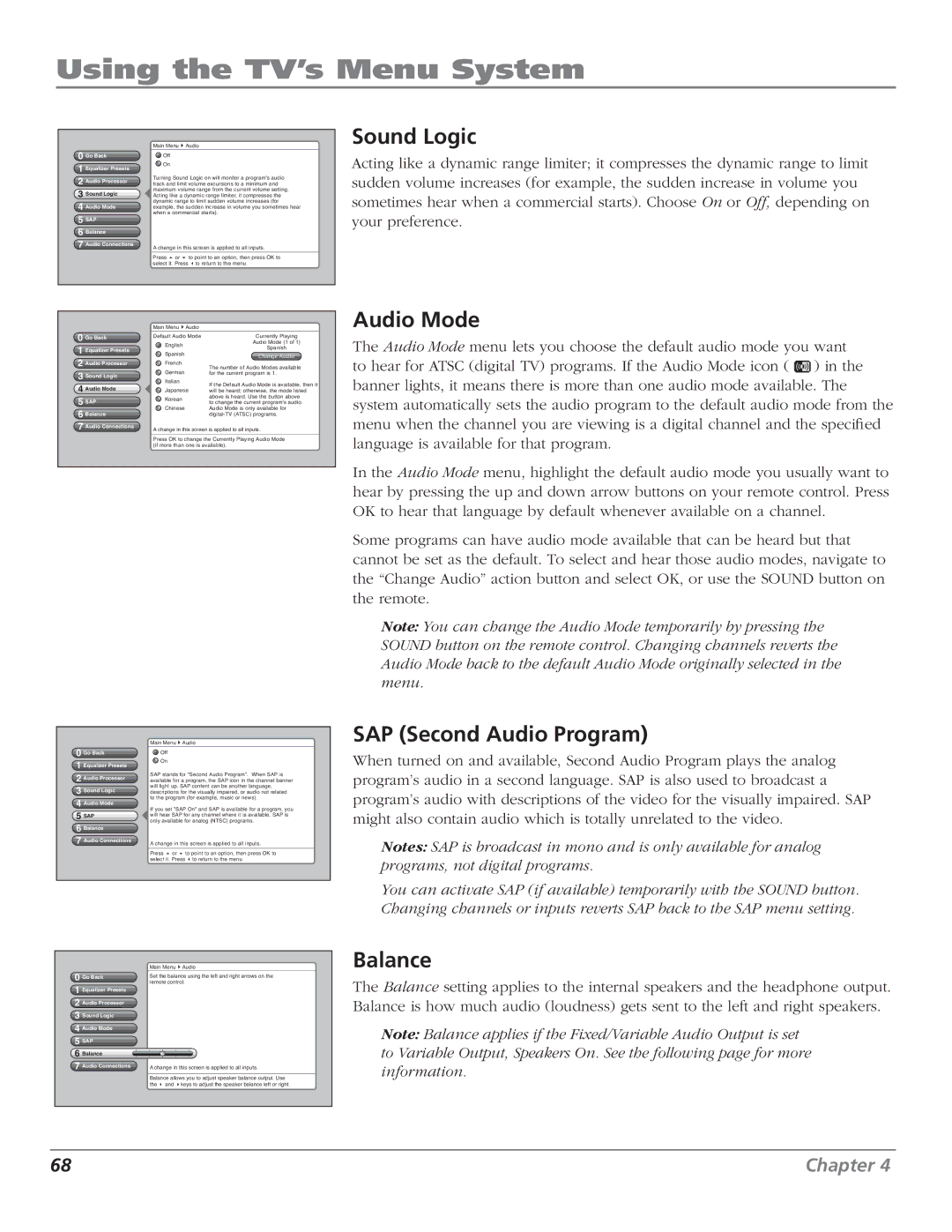 RCA HD50LPW166PK manual Sound Logic, Audio Mode, SAP Second Audio Program, Balance 