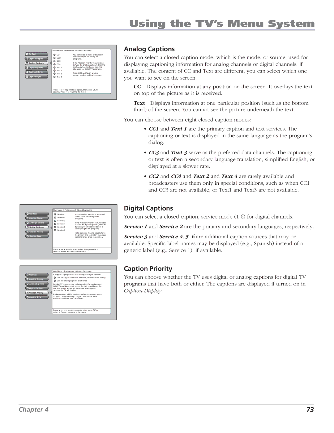 RCA HD50LPW166PK manual Analog Captions, Digital Captions, Caption Priority, Caption Display 