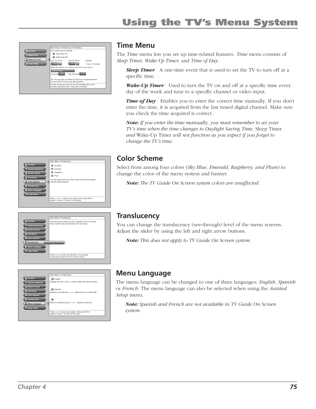 RCA HD50LPW166PK manual Time Menu, Color Scheme, Translucency, Menu Language 