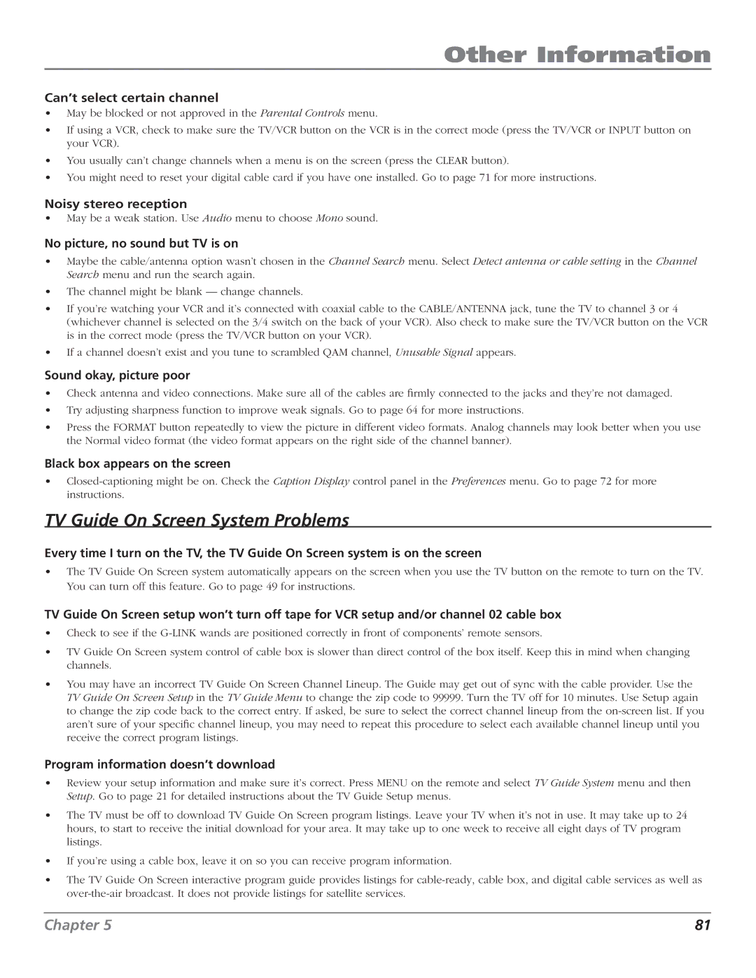 RCA HD50LPW166PK manual Can’t select certain channel, Noisy stereo reception, No picture, no sound but TV is on 