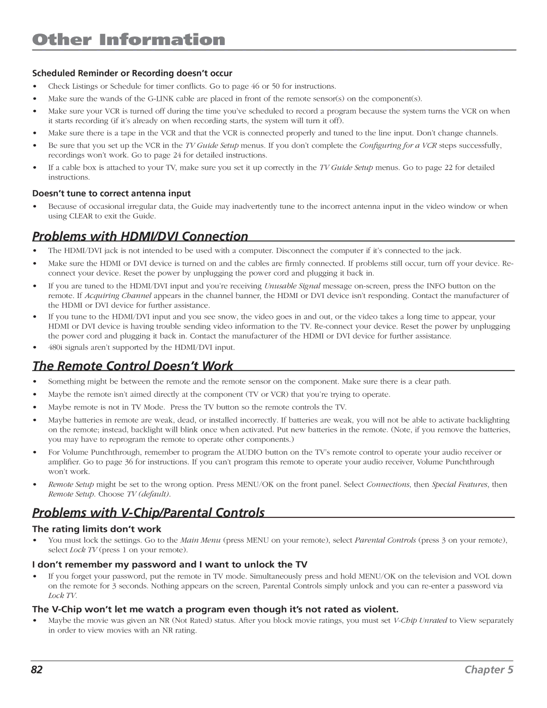 RCA HD50LPW166PK manual Scheduled Reminder or Recording doesn’t occur, Doesn’t tune to correct antenna input 