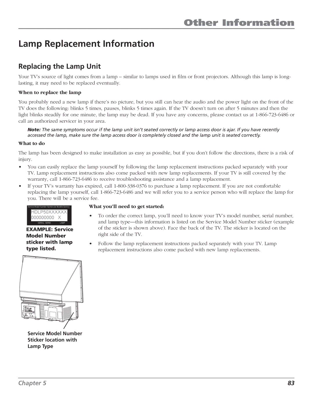 RCA HD50LPW166PK manual Lamp Replacement Information, Replacing the Lamp Unit 