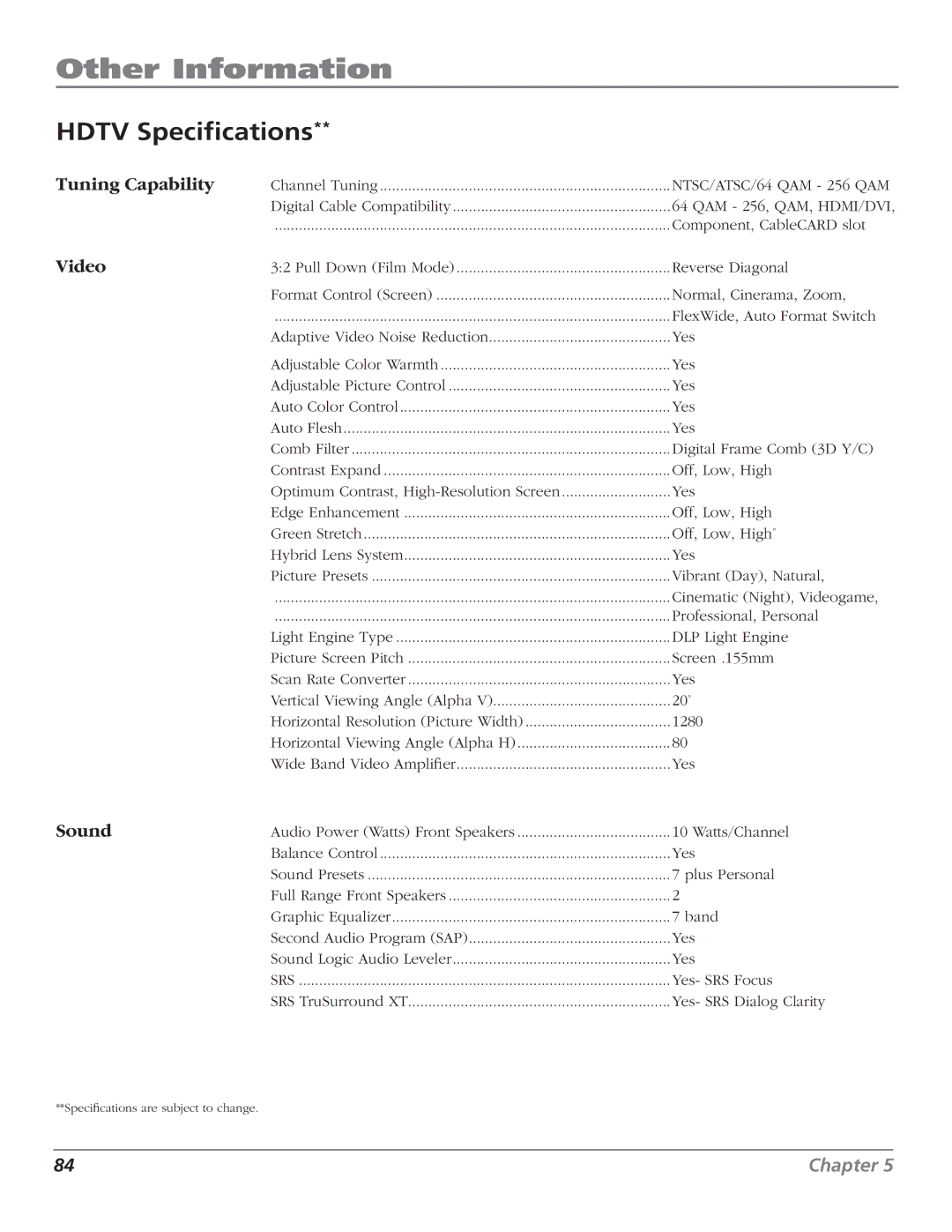 RCA HD50LPW166PK manual Hdtv Speciﬁcations 