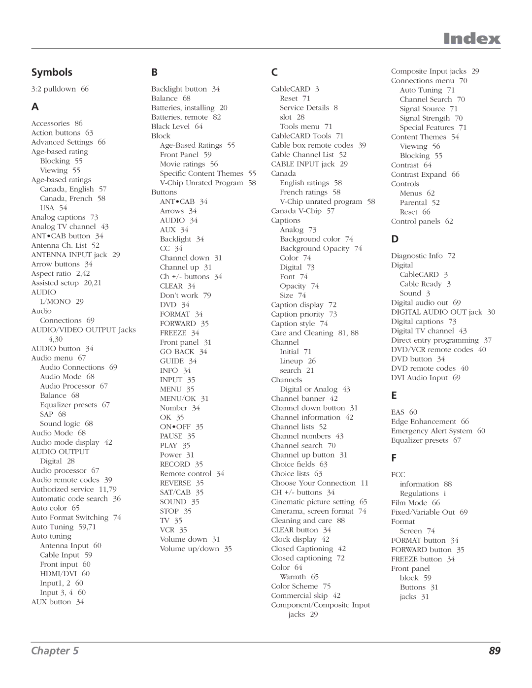 RCA HD50LPW166PK manual Index, Symbols 