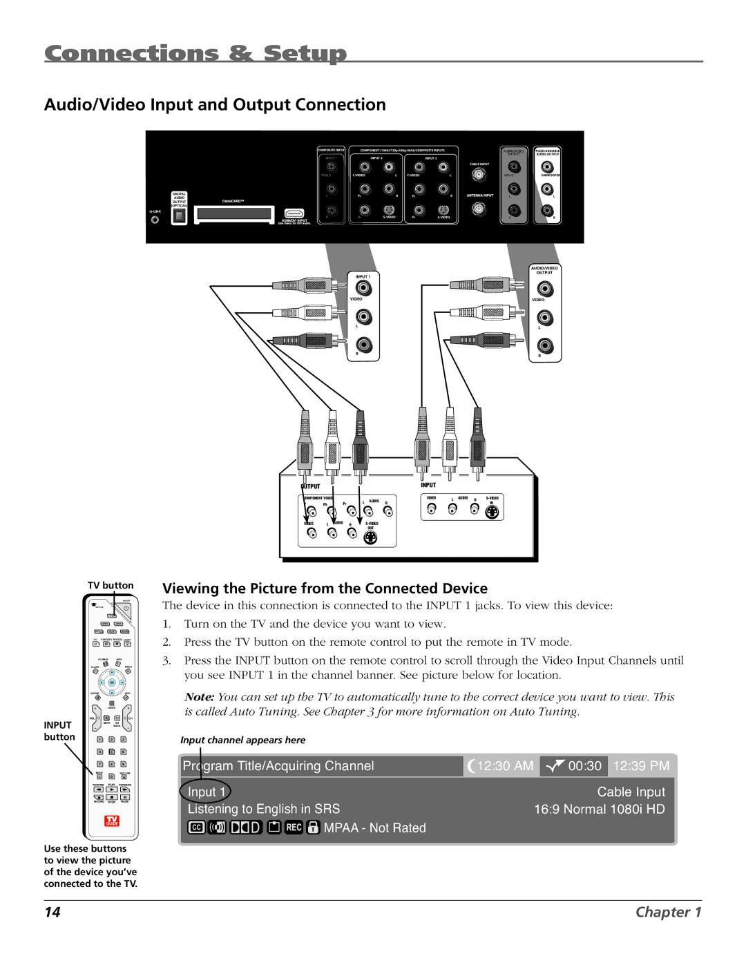 RCA HD50LPW167 manual Audio/Video Input and Output Connection, Viewing the Picture from the Connected Device 